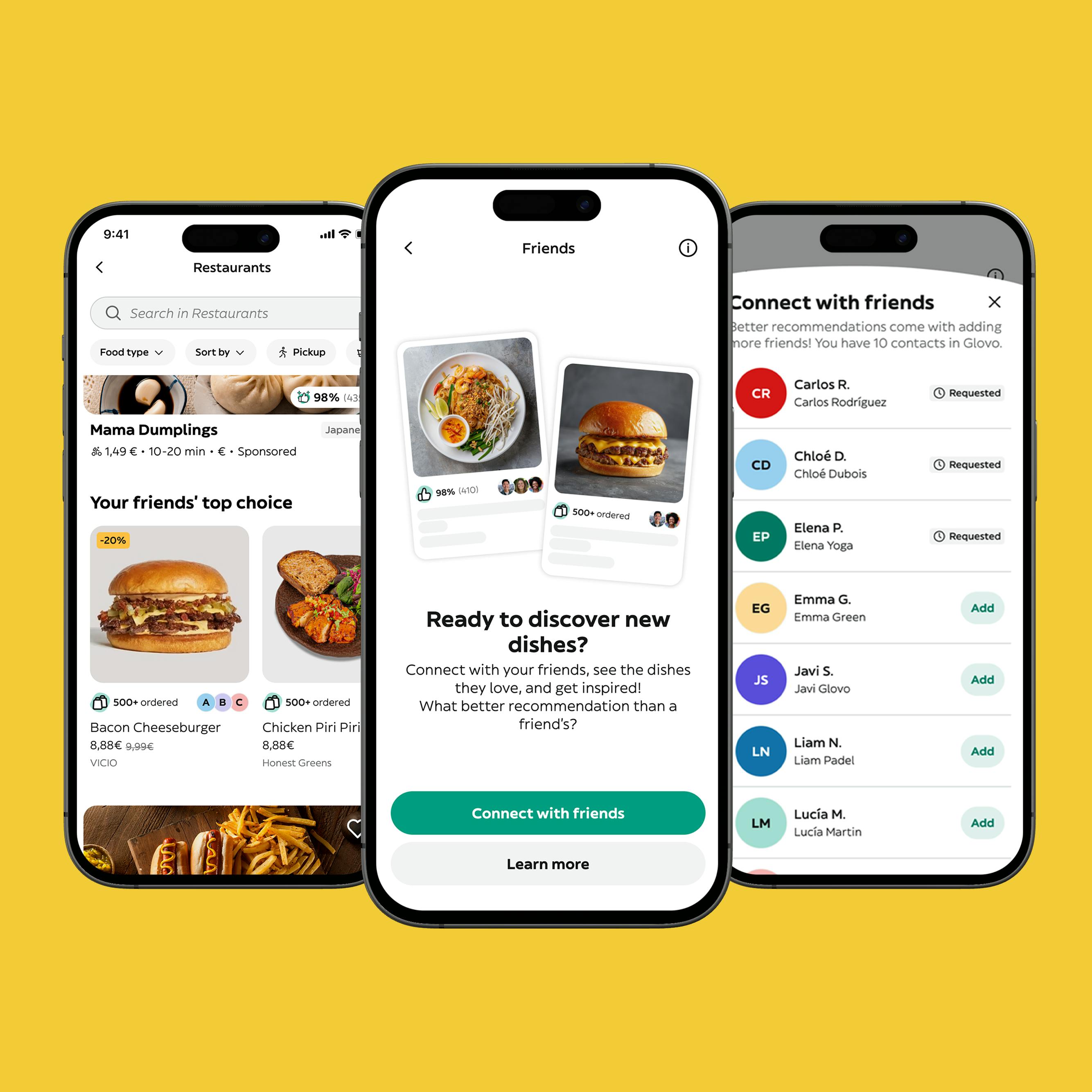 Glovo Friends feature: connecting contacts to see their top choices