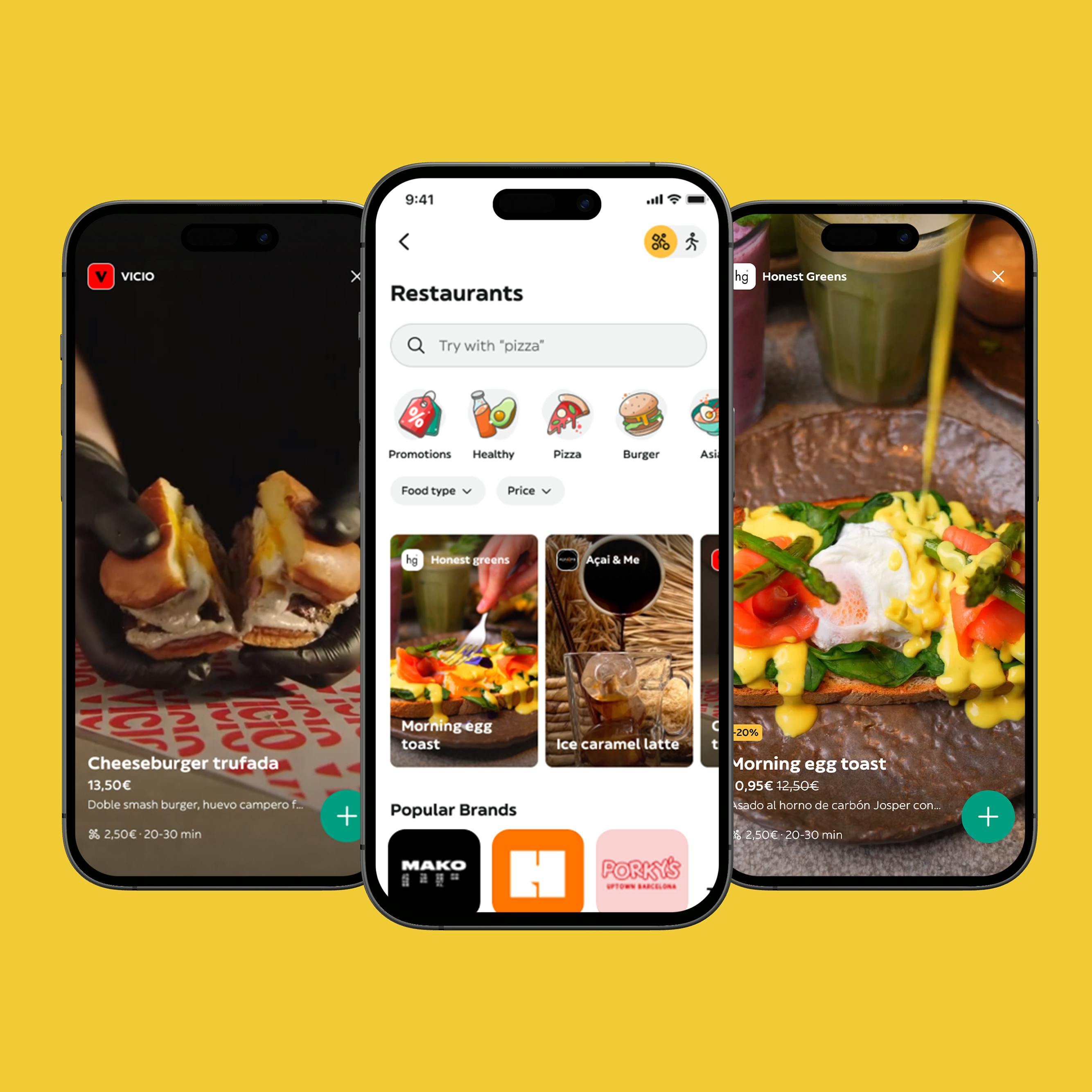 Glovo video discovery feed showing short food-prep clips from restaurant partners