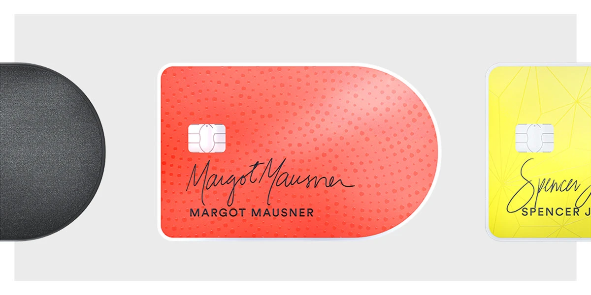Project Elements card lineup: Margot Mausner's coral card and Spencer's lemon card, named and signed