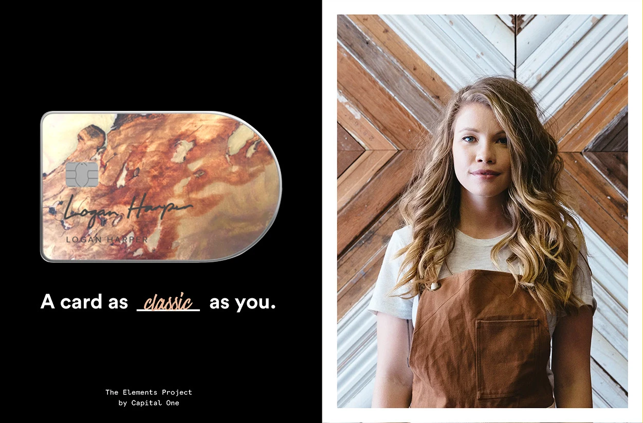 Project Elements marketing pairing a wood-finish card with a portrait of its owner, Logan Harper