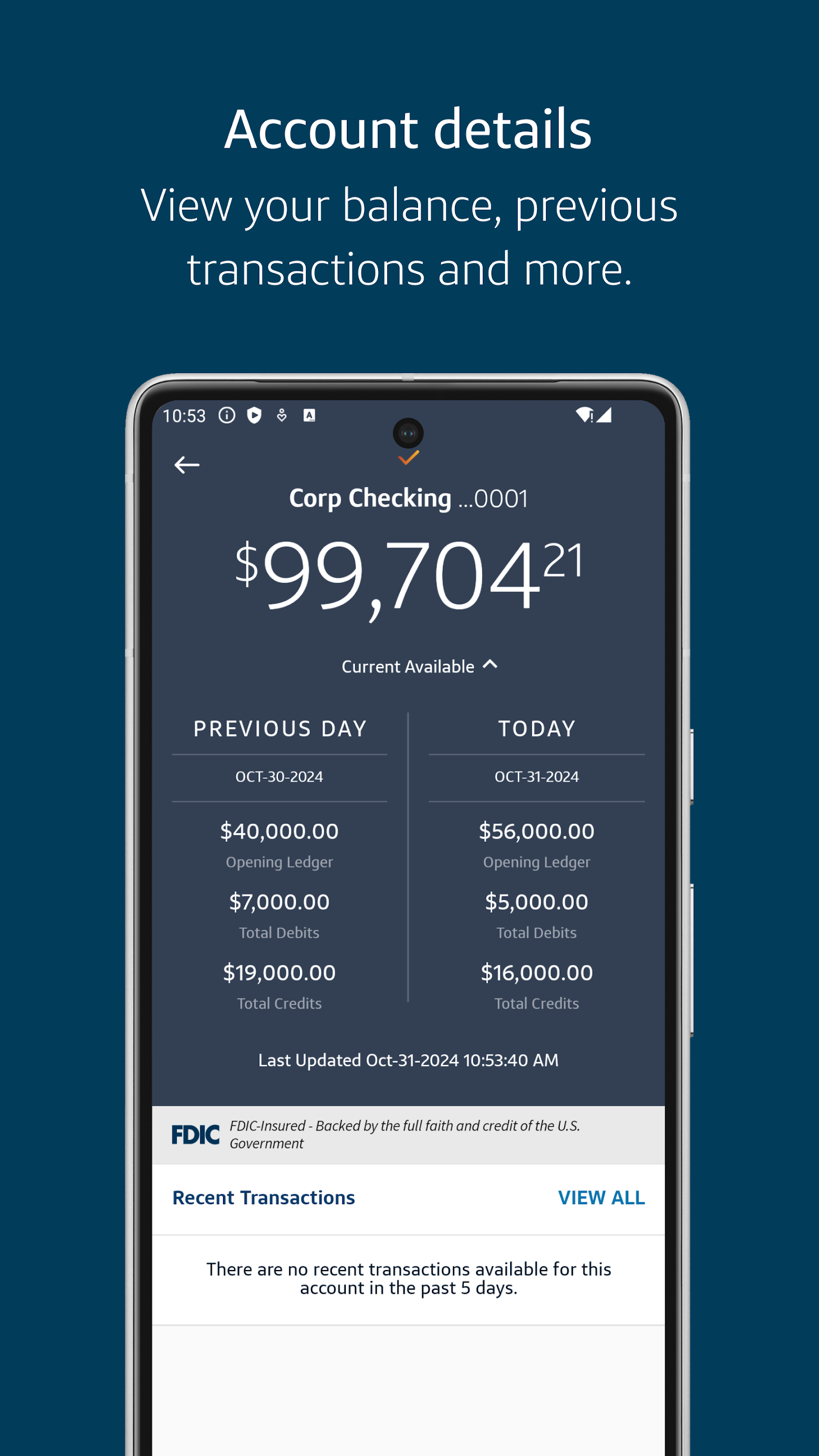 Intellix Mobile account details screen showing balance and recent transactions