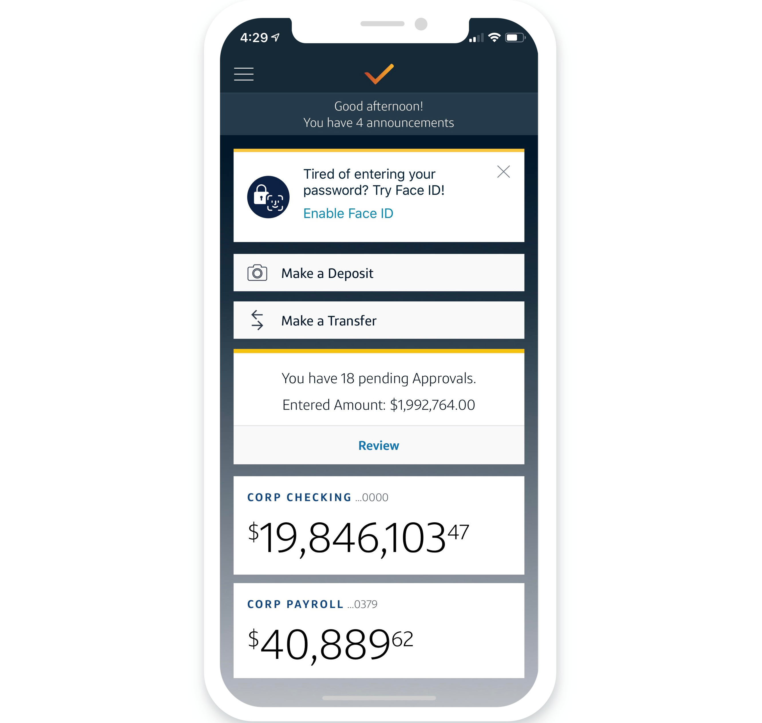 Intellix Mobile dashboard showing pending approvals, deposits, transfers, and account balances
