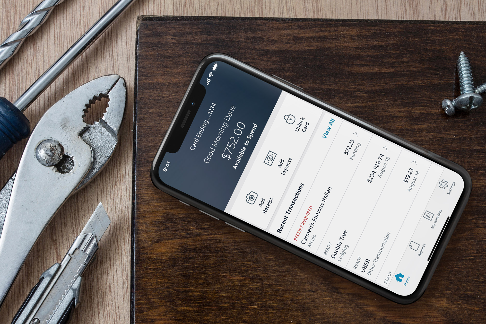 Capital One T&Easy app home screen: available to spend, unlock card, add expense, add receipt, and recent transactions