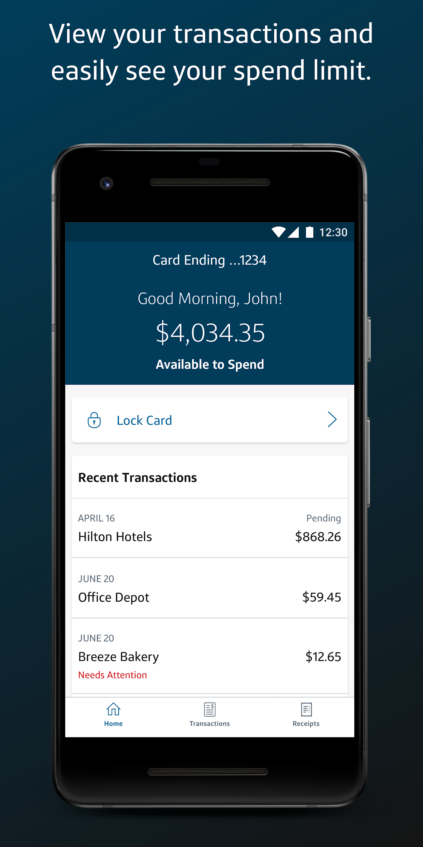 Capital One T&Easy screen showing available spend limit and a Lock Card action