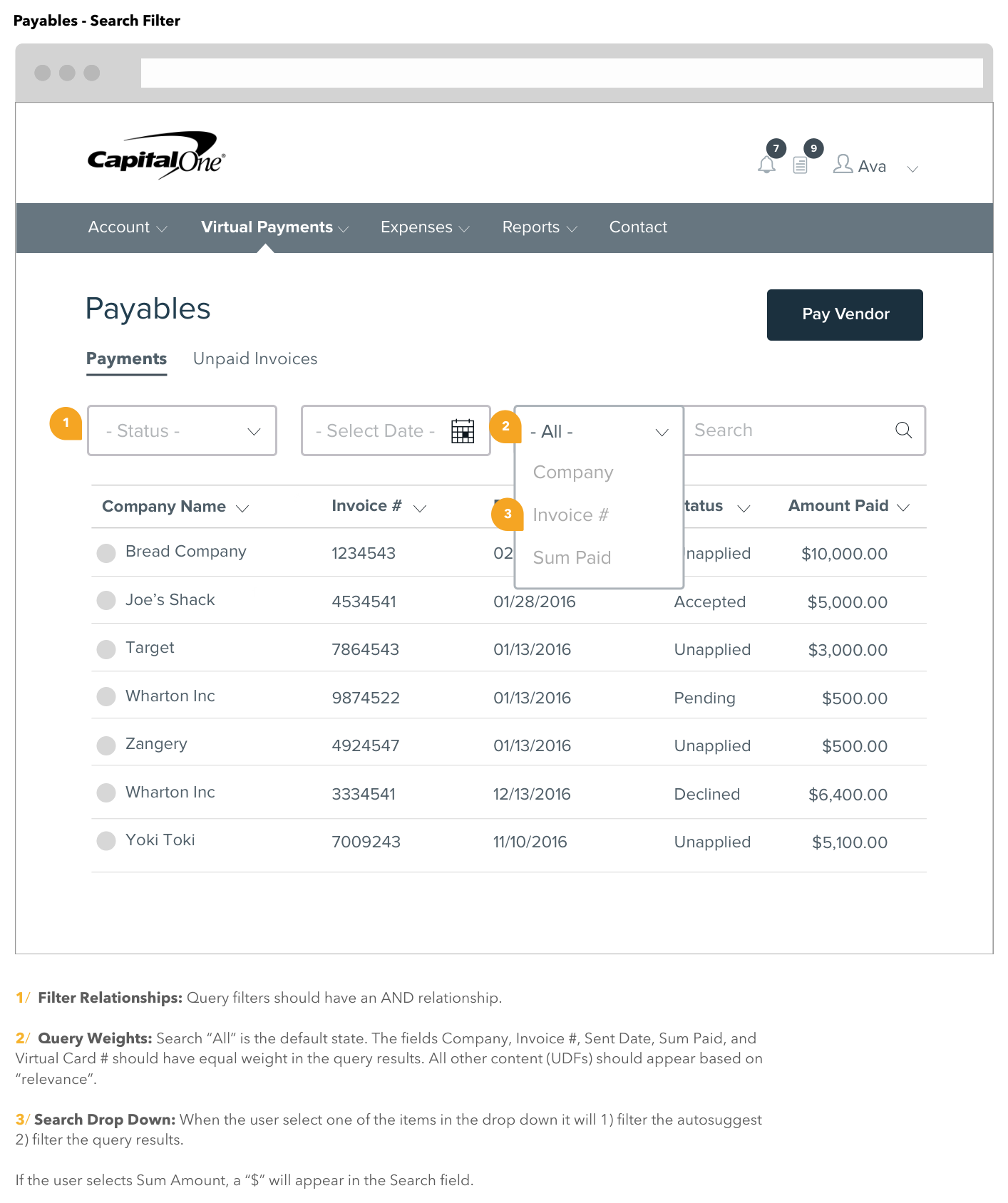Annotated wireframe of the Payables search and filter screen