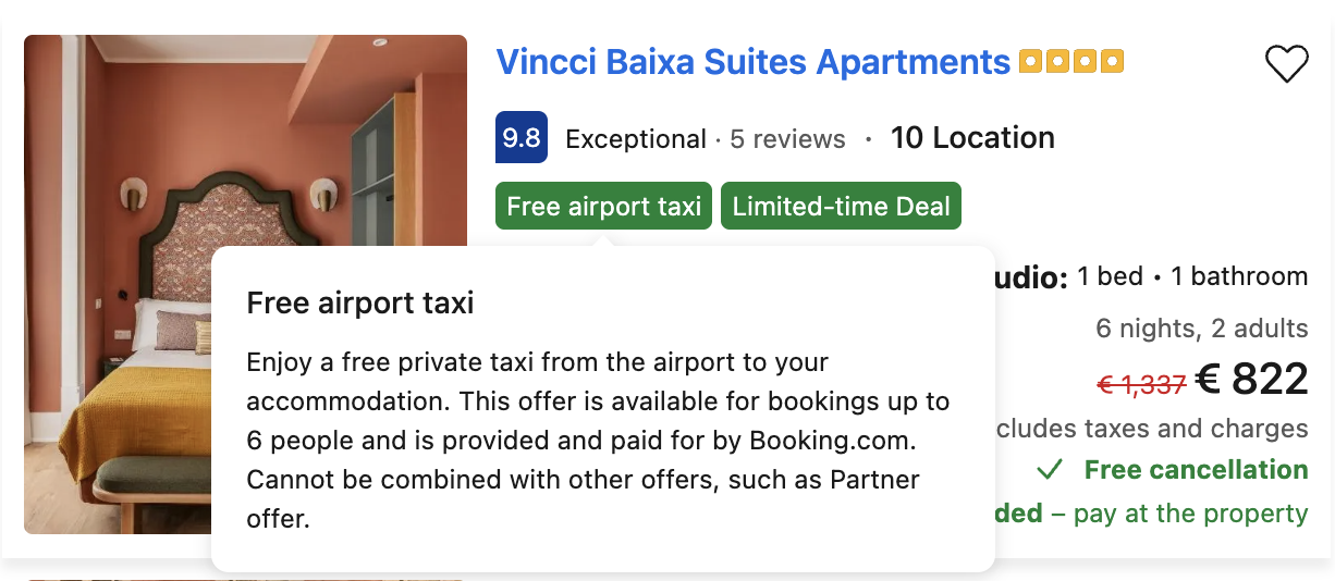 Booking listing page showing free airport taxi badge