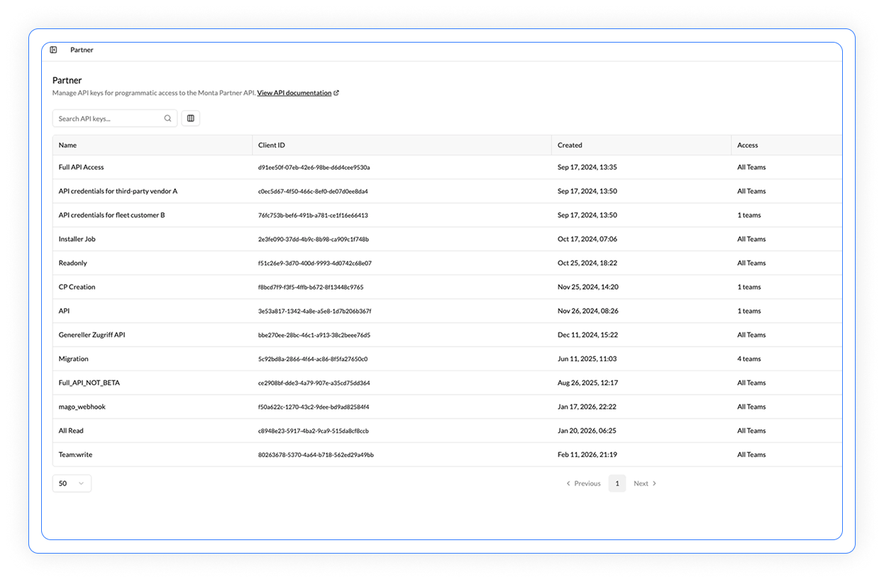 Monta Hub developer tools screen