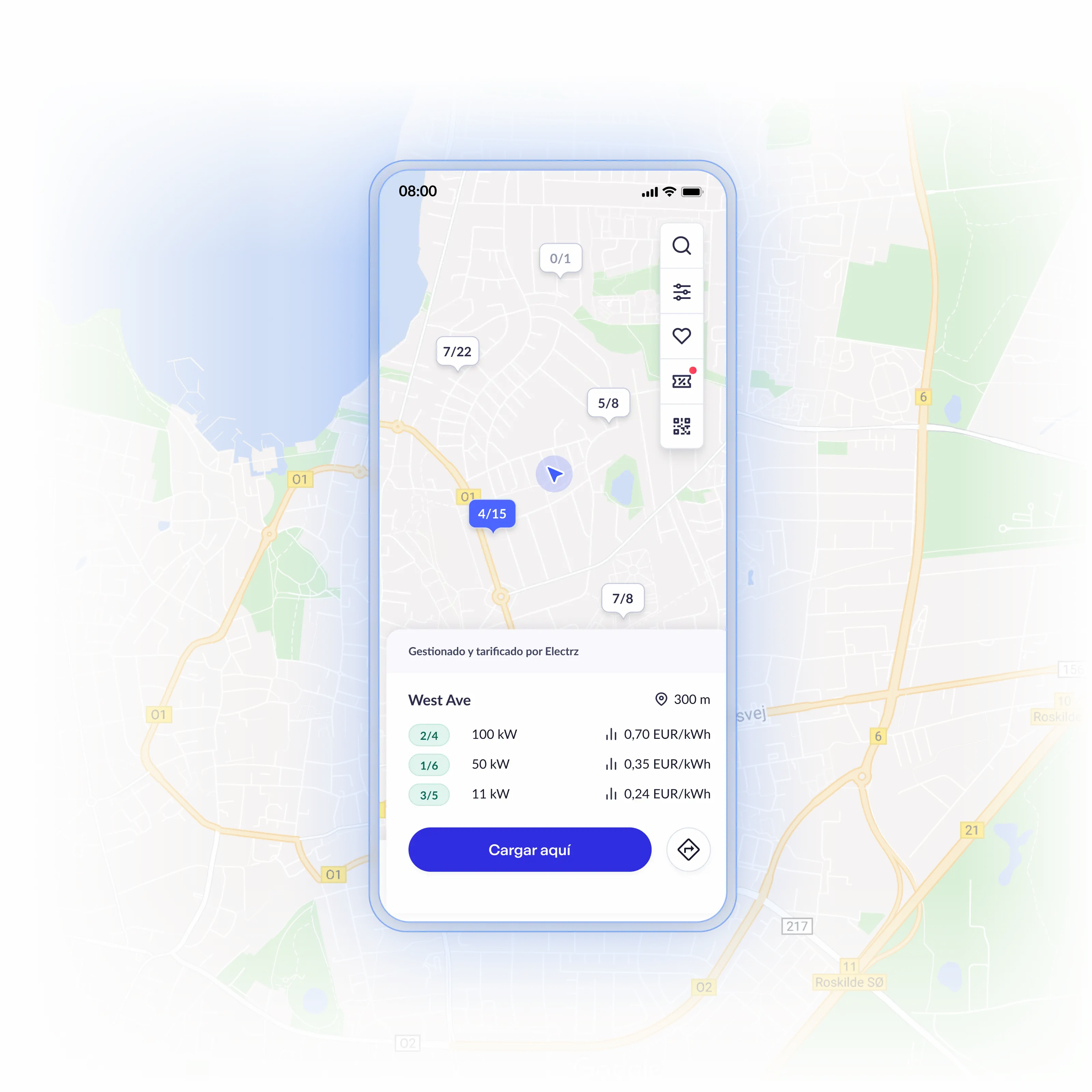 Monta Charge map screen showing nearby chargers with availability, price per kWh, and a Cargar aquí (Charge here) action
