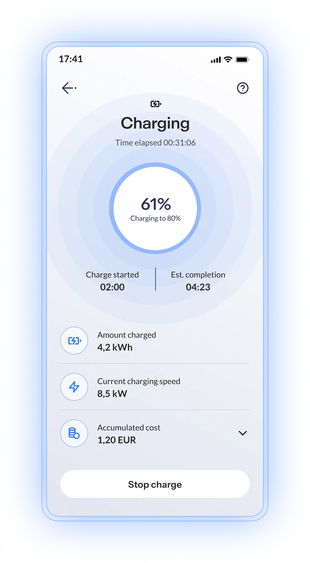 Monta Charge active charging session screen showing charge percentage, amount charged, current charging speed, and accumulated cost