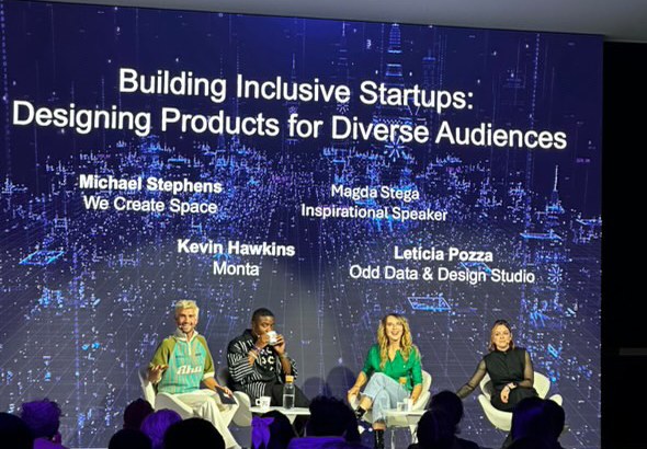 Four panelists seated on stage at Mobile World Congress in front of a screen reading Building Inclusive Startups: Designing Products for Diverse Audiences